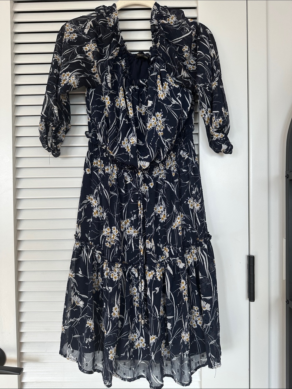 Navy Floral Midi Dress with Smocked Waist and Ruffle Neckline